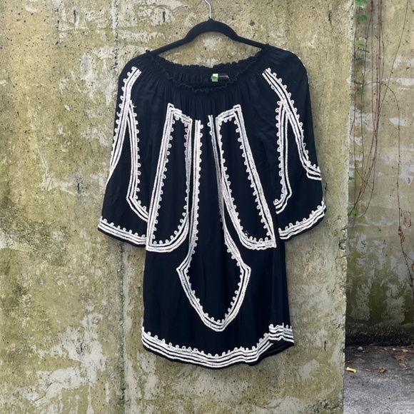 Zara Vintage Beaded Off Shoulder Tunic / Mini Dress, Black w/ White Beads, XS - Picture 1 of 12